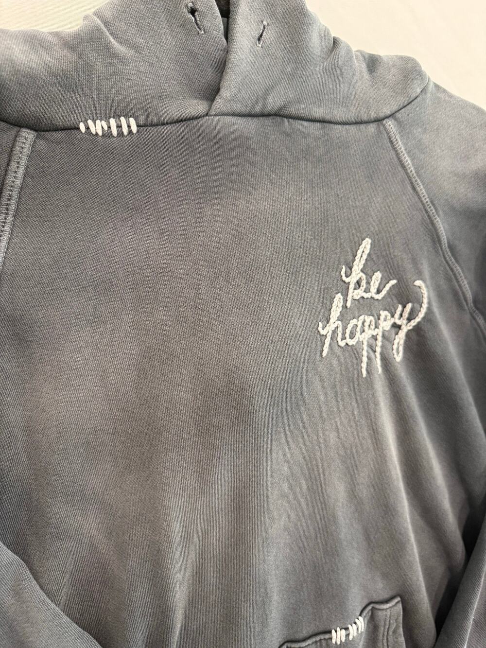 Distressed Be Happy Hoodie Charcoal Gray Hand Stitched USA Grunge Oversized